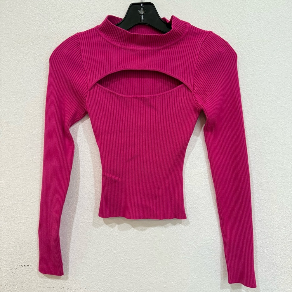 Lulu’s Easy Update Magenta Ribbed Knit Cutout Mock Neck Long Sleeve Top Size XS - Picture 4 of 6